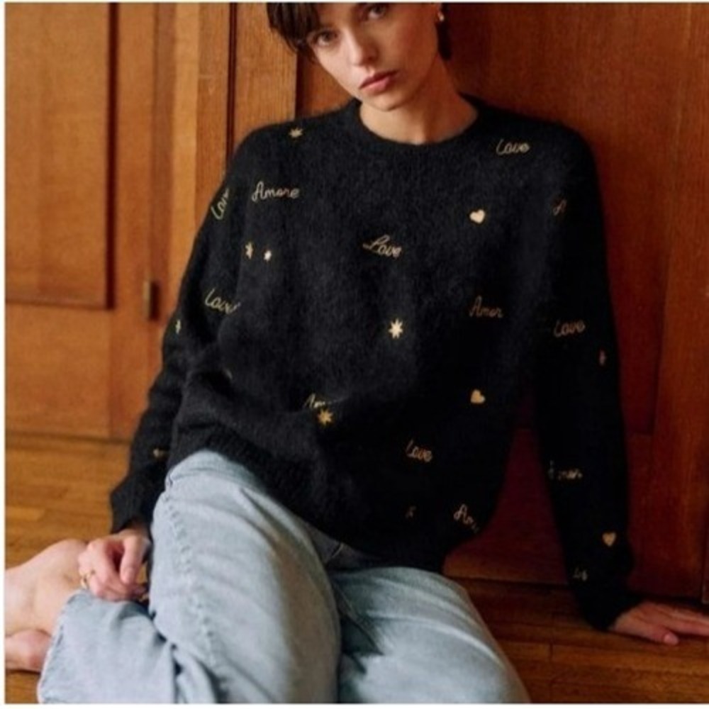 Sézane Hope Jumper, Love Languages Embroidered Black Gold Mohair Sweater, Sz XXS